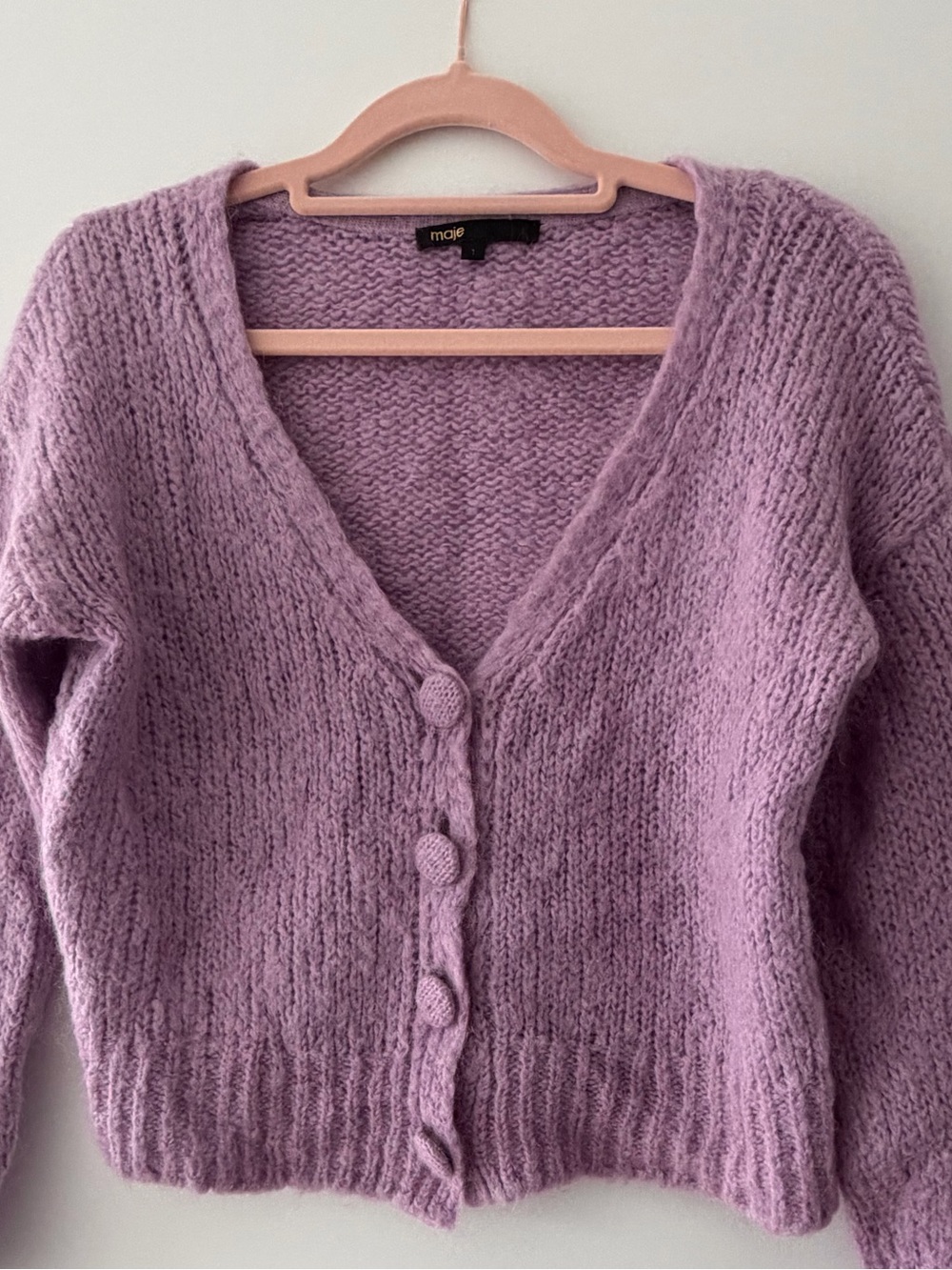 Maje Lilac Cropped V-Neck Button Cardigan